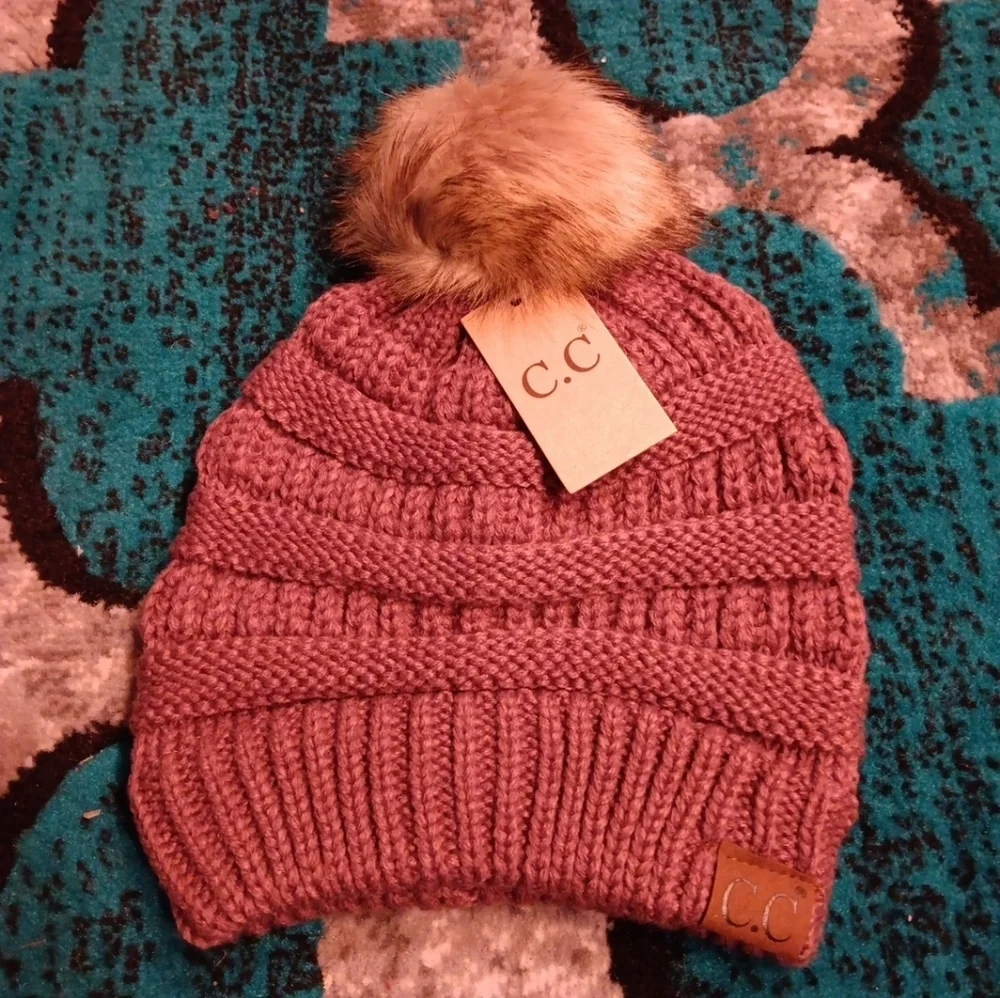 C.C  Women's Soft Stretch Cable Knit Faux Fur Pom Beanie Hat